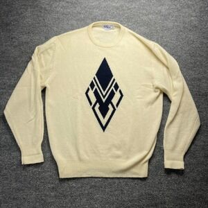 Hilwin Womens 100% Cashmere Sweater Cream Navy Blue Diamond Intarsia Crewneck M